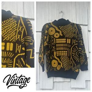 Vintage Jonathan Cass Black Yellow Geometric Print Sweater Pullover Size S